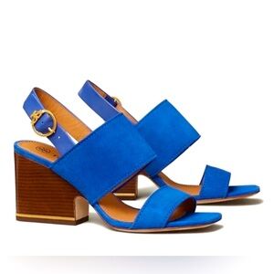 NEW Tory Burch Block Heel Suede Sandals Blue Size 8